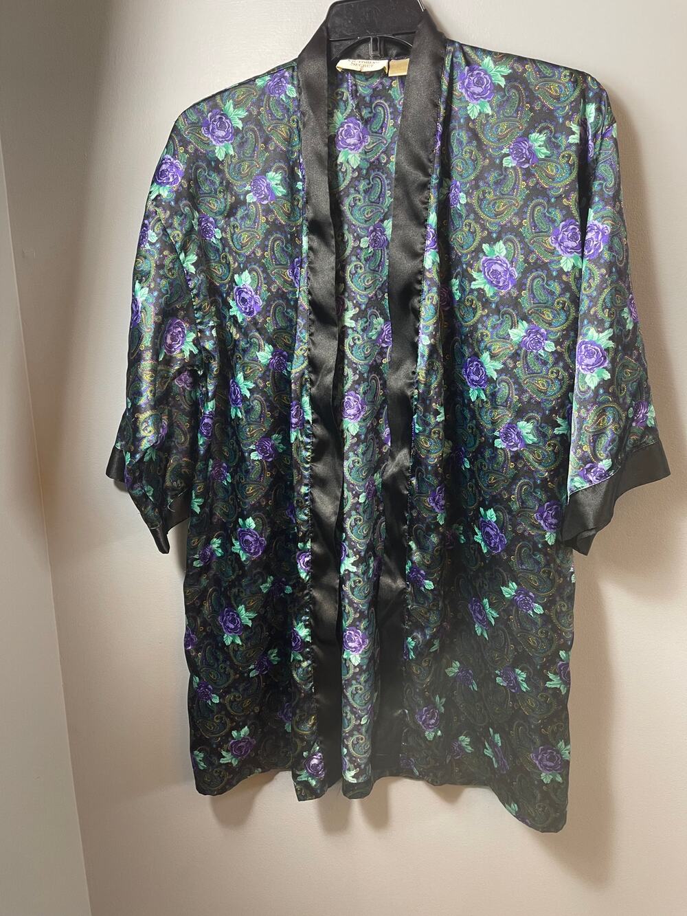 Vintage Victoria’s Secret Satin Robe Large Black Purple Rose Paisley Belted